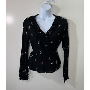 Rails Womens Wrap Blouse Size S Black Floral Sheer Ruffles Boho Fairy Multicolor
